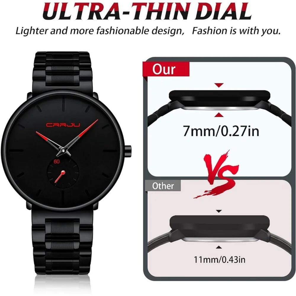 NWT Men Ultra‑Thin Black Minimalist Waterproof Stainless Steel Mesh Wrist Watch